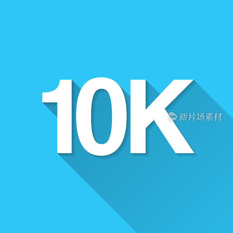 10K, 10000 - 10000。图标在蓝色背景-平面设计与长阴影